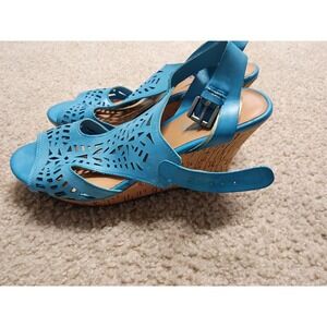 Coach And Four Wedge Sandals Blue Tan Women's Size 7 EUC